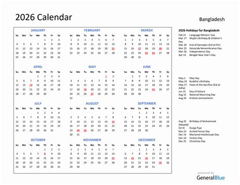 2026 Calendar With Holidays For Bangladesh