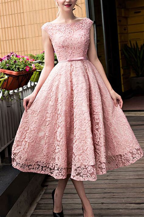 Pink Lace Round Neck A Line Knee Length Formal Dressescute Dresses For