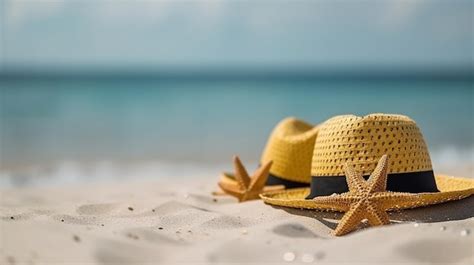 Premium Ai Image Summer Hat Sunglasses Starfish On White Sands With