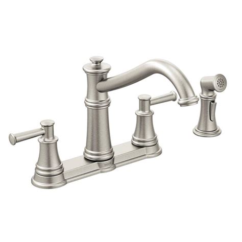 I am not familiar with that particular model but on most moens there is a type of clip that looks somewhat like a washer in the shape of a horseshoe. MOEN Belfield 2-Handle Standard Kitchen Faucet with Side ...