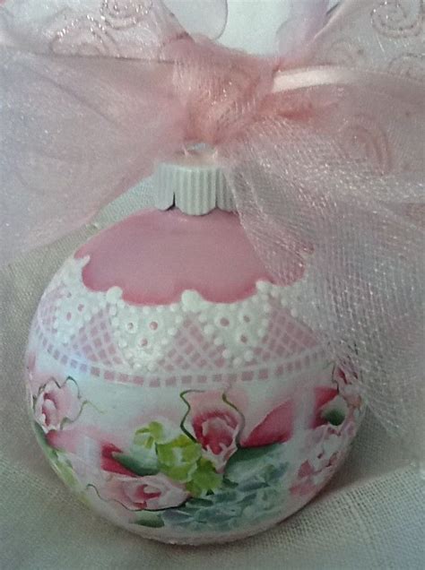 Hand Painted Christmas Ornament Cottage Chic Rose Hydrangea Shabby Lace