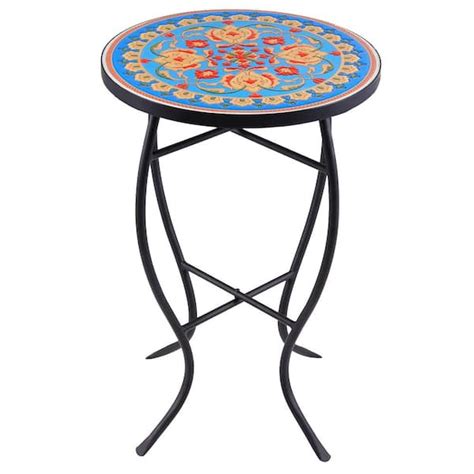 Merra Black Metal Ceramic Tile Top Mosaic Outdoor Side Table Blue