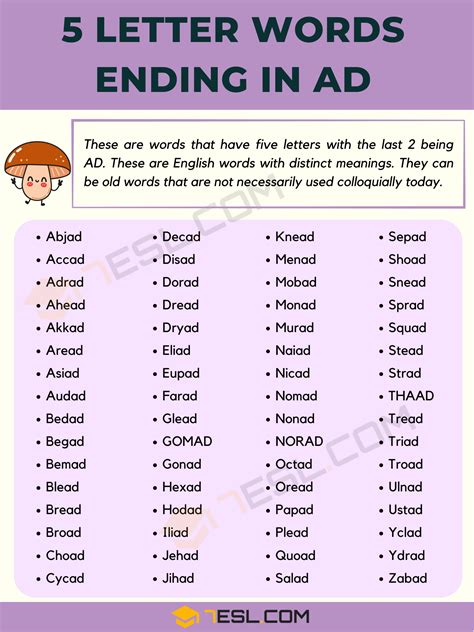 64 Examples Of 5 Letter Words Ending In Ad • 7esl