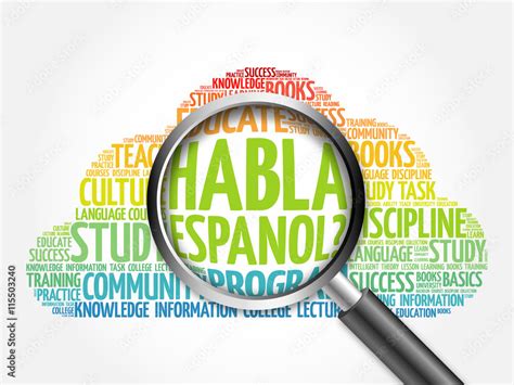 Habla Espanol Speak Spanish Word Cloud With Magnifying Glass