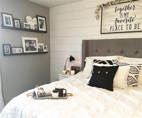An attractive farmhouse master bedroom with beadboard wall and ceiling. Master Bedroom Decor, Black and White Decor, Modern ...
