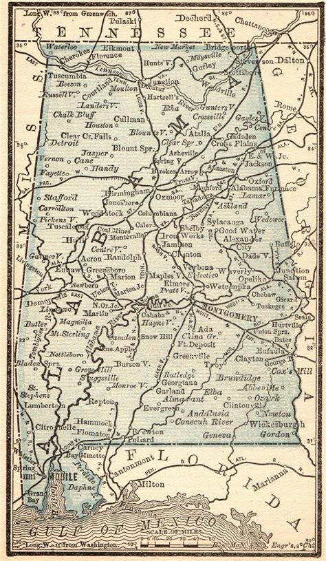 1888 Antique Alabama State Map Miniature Vintage Map Of Alabama Library