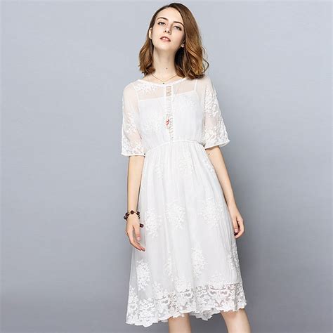 White Dress Women 95 Silk Fabric Embroidery Hollow Out Design O Neck