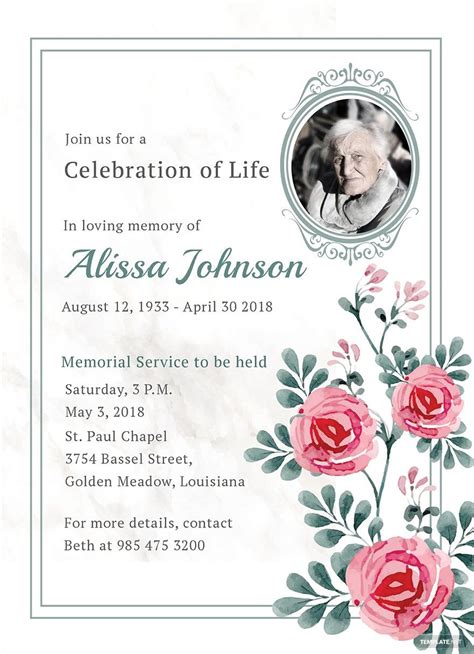 Memorial Service Invitation Template In Pages Outlook Illustrator
