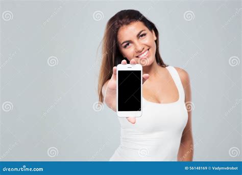 Smiling Woman Showing Smartphone Screen Stock Image Image Of Mobile Advertisement 56148169
