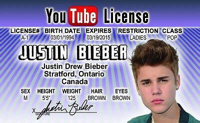Justin Bieber Novelty Plastic Collectors Card Drivers License EBay