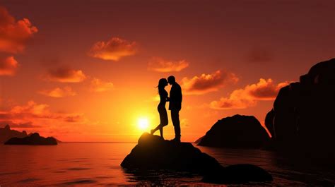 Romantic Couple Silhouette Sunset Moment 3d Of A Sharing Kiss Amidst An Ocean Landscape