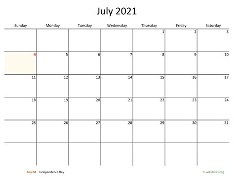 July 2021 Calendar With Bigger Boxes