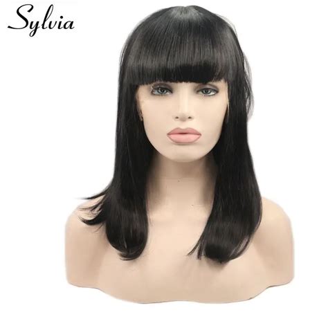 Sylvia Natural Black Medium Bob Wigs With Bangs Heat Resistant Fiber