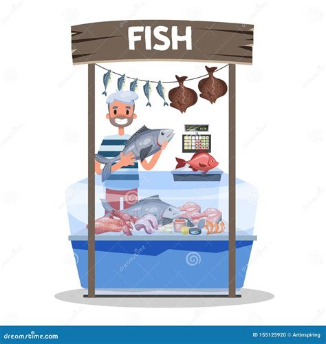 Fish Market Concept Seafood Behind Showcase And Seller Stock Vector