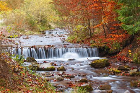 Beautiful Waterfall In Forest Autumn Landscape Stock
