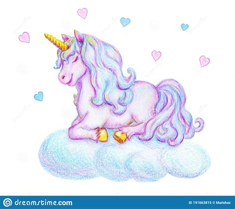 Fantasy Watercolor Pencil Drawing Of Mythical Sleeping Unicorn On Cloud