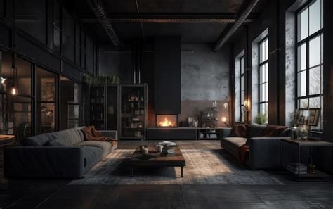 Premium Ai Image Dark Living Room Loft With Fireplace Industrial Style