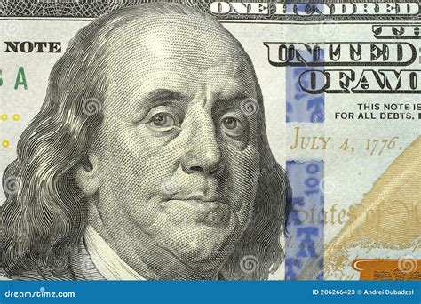 Macro Shot Of A New 100 Dollar Bill Portrait Of Us President Benjamin