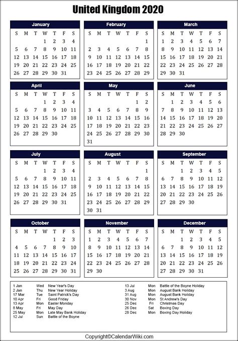 Printable Uk Calendar 2020 With Holidays Public Holidays