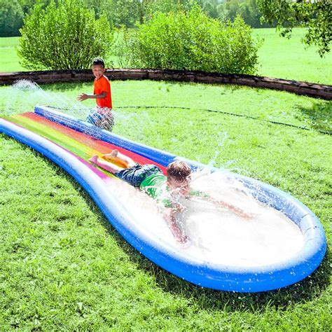 Inflatable 12l Rainbow Misted Water Slide With Splash Pool