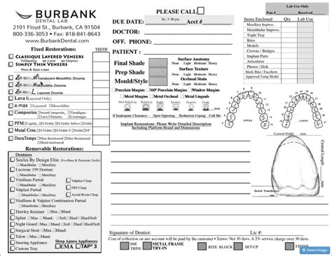 Burbank Dental Lab Prescription Form Burbank Dental Lab