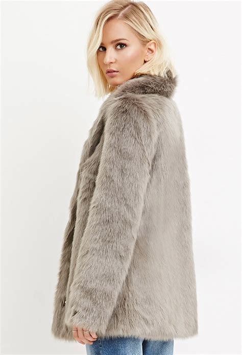 lyst forever 21 shawl collar faux fur coat in gray