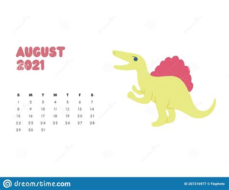 Dinosaur Calendar August 2021 Minimalist Stock Illustration