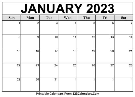 Printable January 2023 Calendar Templates