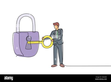 Continuous one line drawing businessman putting big key into padlock