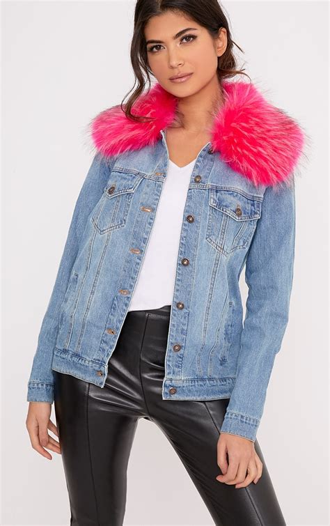 avanie bright pink faux fur collar oversized denim jacket prettylittlething