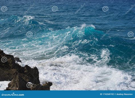 Seascape Breaking Waves On Black Lava Rock Stock Photo Image Of