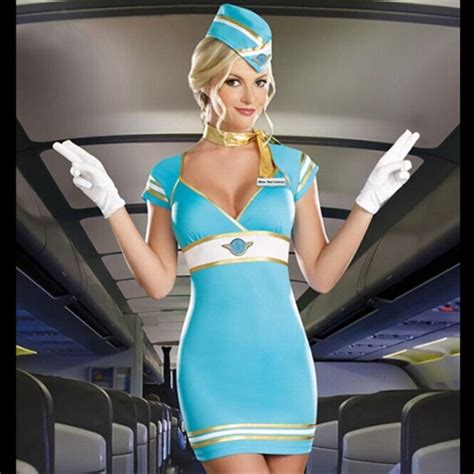 Hot Costume Sexy Pilot Airwoman Aviatress Blue Stewardess Women Cosplay