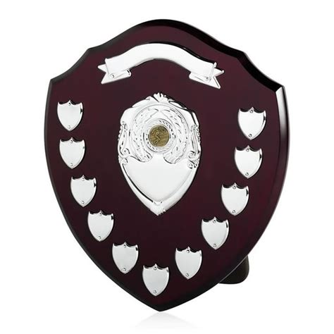 14in Dark Wood Awards Shield With Top Scroll And 11 Side Shields Awards
