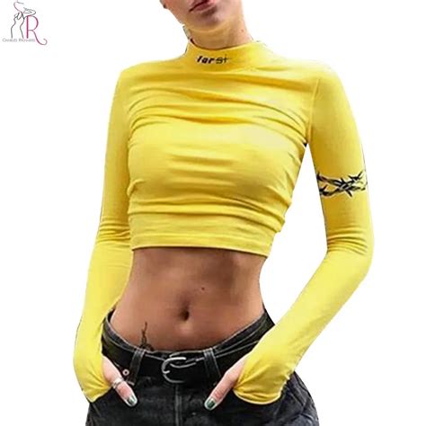 yellow printed high neck cropped skinny sweatshirt women long sleeve silm hollow out cuff high