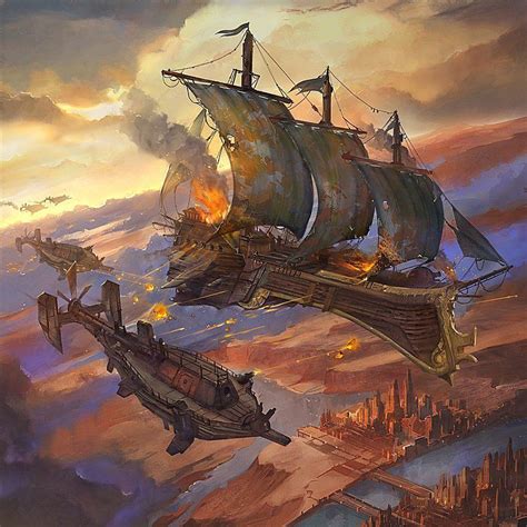 Space Sky Wolves In Action Fantasy Landscape Airship Art Steampunk Art