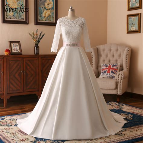 Long Sleeve Lace Aline Wedding Dress Ivory Satin Lace A Line Floor