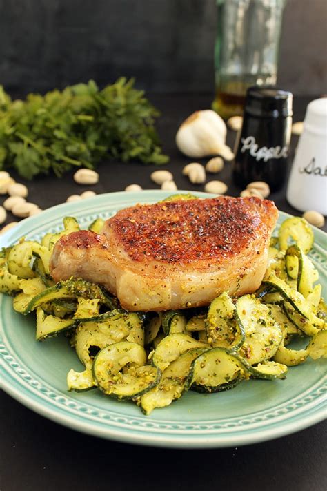 Heat remaining oil in the same pan. Roasted Pork Chops with Pistachio-Parsley Pesto Zucchini ...