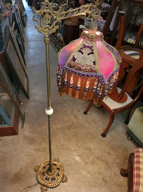 Antique Brass Floor Lamp W Victorian Shade Excellent Condition