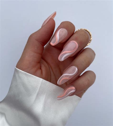 White And Peach Swirl Press On Nails Etsy Uk