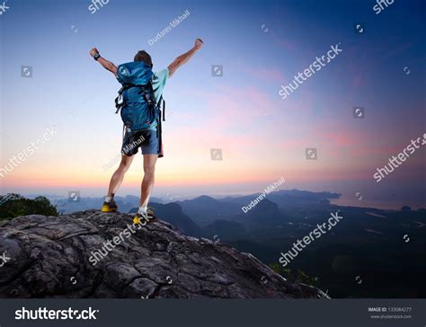 Hiker Backpack Standing On Top Mountain Stock Photo 133084277