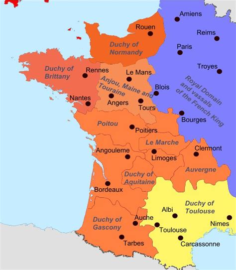 A Coloured Map Of Medieval France Showing The Angevin Territories In