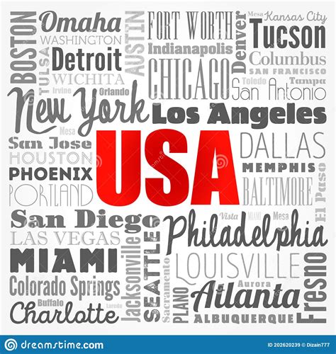 Usa Cities Names Words Cloud Collage Concept Background Stock