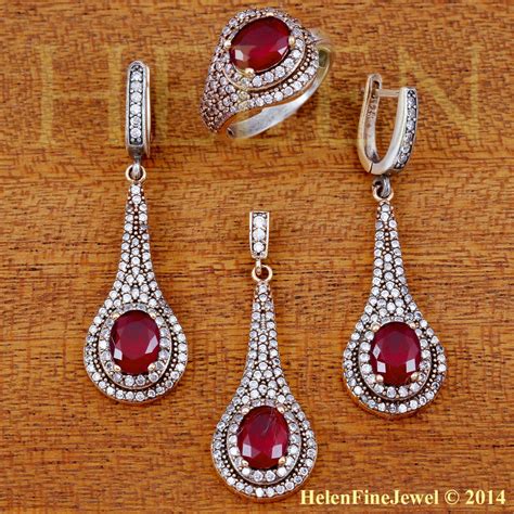 Hurrem Design Turkish Handmade Jewelry Ottoman Style Set Round Cut Ruby