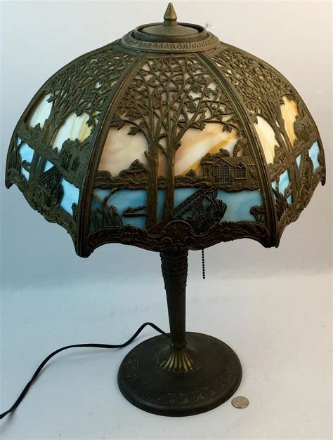 Lot Antique C 1915 Miller Lamp Co Blue And Brown Slag Stained Glass Lamp W Sky House Tree