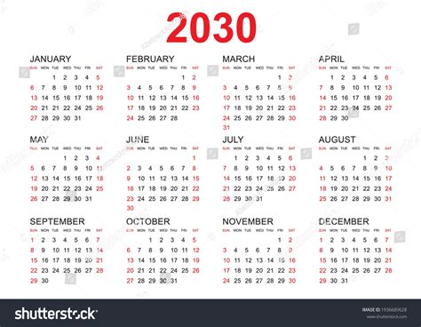Calendar 2030 Template Vector Simple Minimal Stock Vector Royalty Free