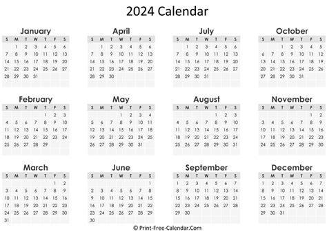 Free Printable Yearly Calendar 2024 Printable Blank World