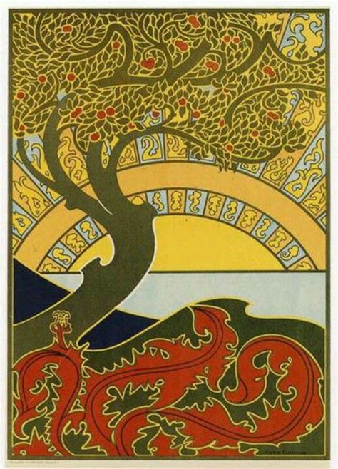 An Art Nouveau Painting Depicting A Tree With Red Yellow And Blue Leaves