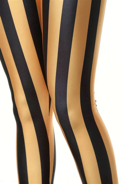 Fashion Women Yellow Black Stripe Print Leggings Slim Fit Thin Elastic