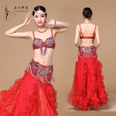 oriental women belly dance costume eastern style beaded top and belt 3pcs set beaded costumes