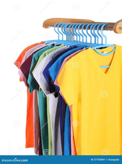 T Shirts Hanging On Hangers Stock Image Image Of Pink Green 37750491